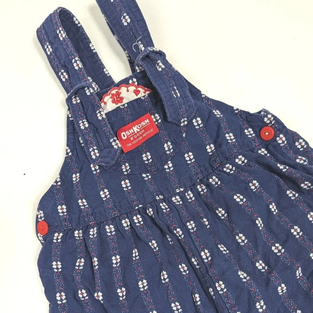 Vtg 90s Oshkosh Bgosh Overalls Girls Sz 4T Blue Floral Denim Bow